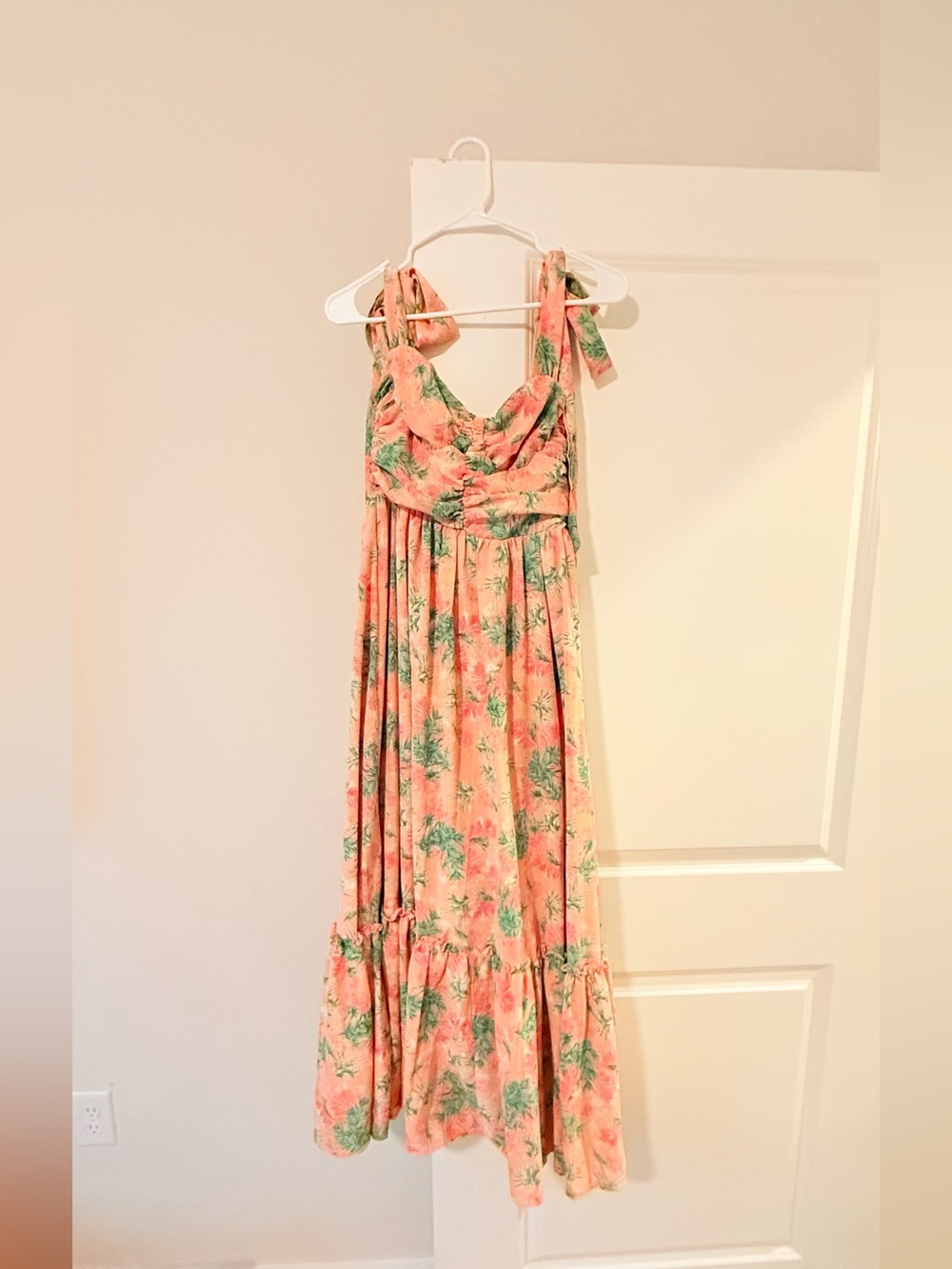 SO ME Pink Green Floral Tie Shoulder Ruched Bust Tiered Maxi Dress Size S❤️